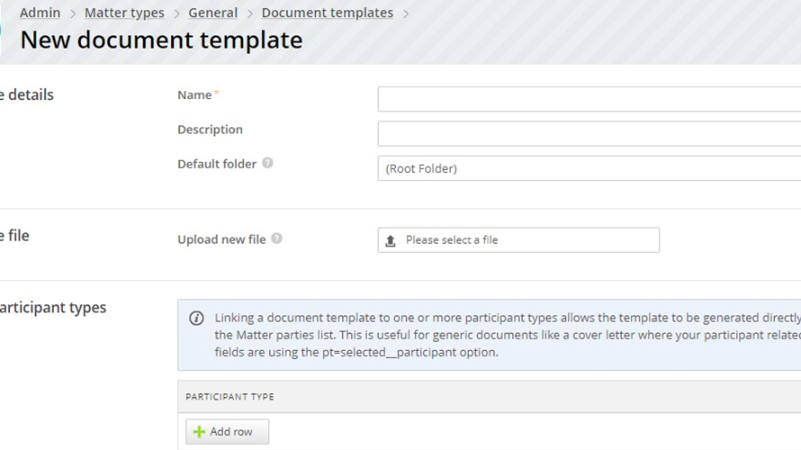 Example of a Matter Template setup in Actionstep