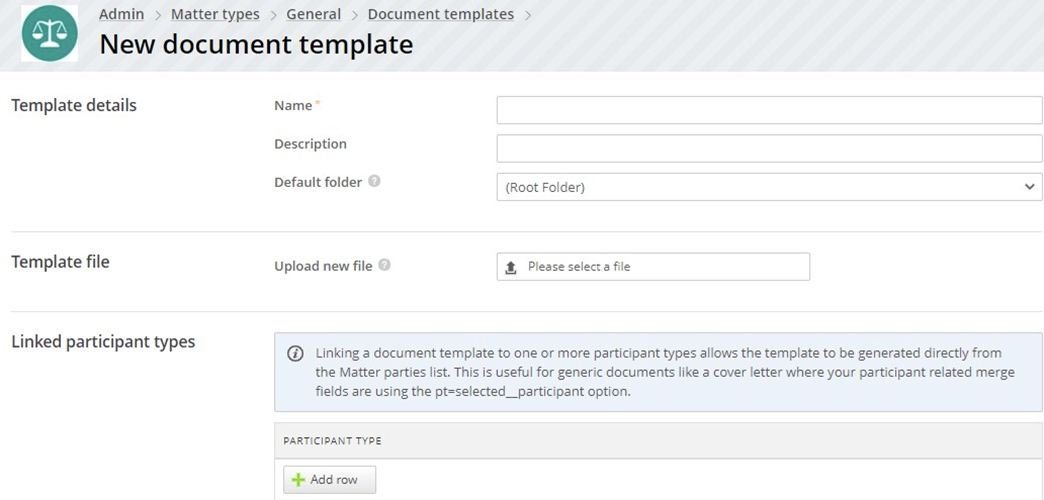 Example of a Matter Template setup in Actionstep