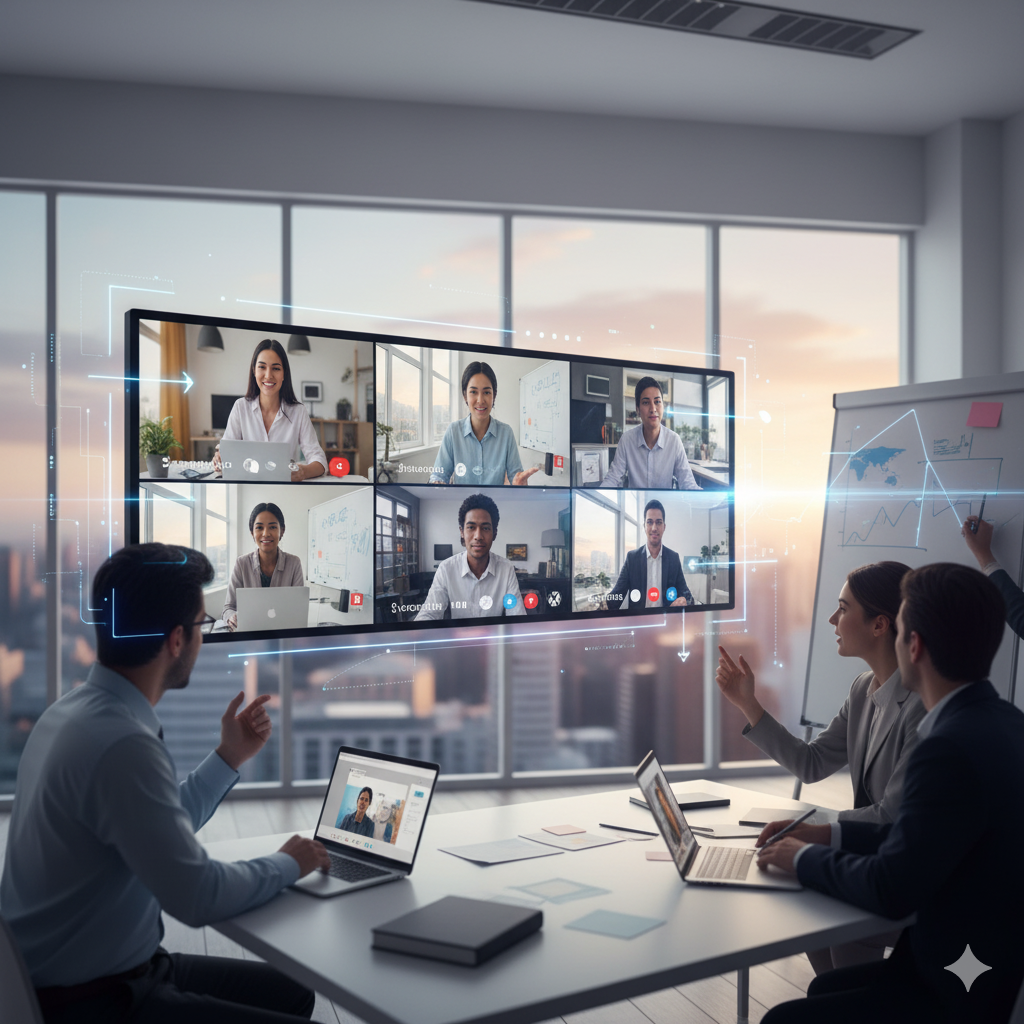 A small business team brainstorming in a modern, collaborative remote setup, with each team member's video feed visible on a large screen